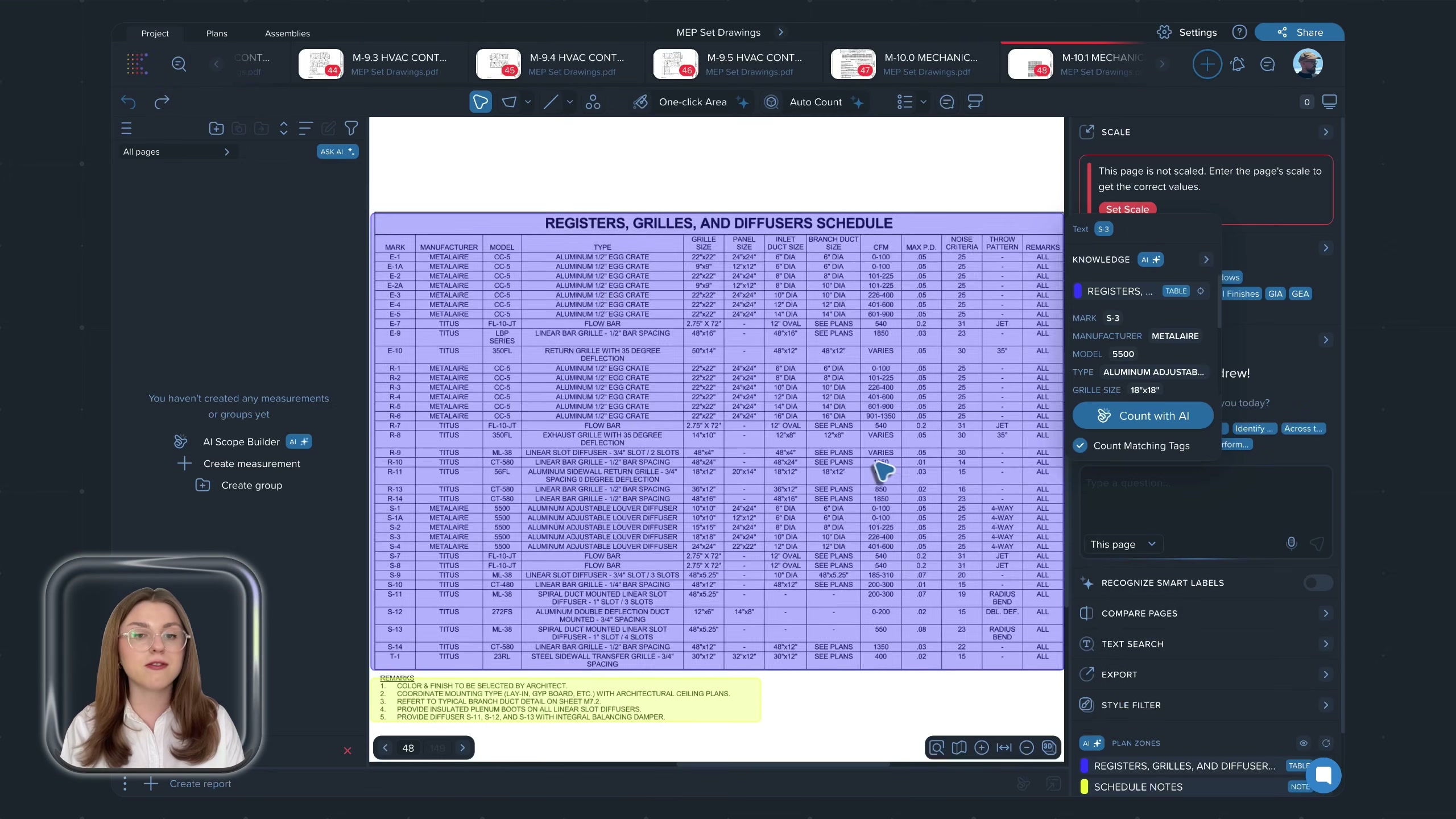 registers grilles diffusers schedule table