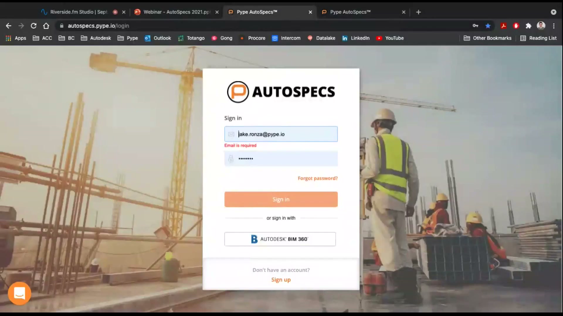 Pype AutoSpecs login page
